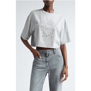 Versace Crystal Medusa Crop Boxy T-Shirt Tee Top Gray US 4 IT 40 NWT